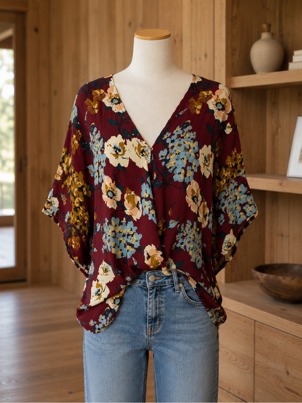 Umgee Burgundy Floral V-Neck Blouse - Picture 9 of 10